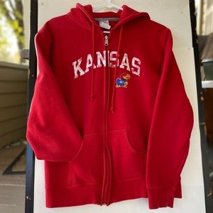 Russell Kansas Jayhawks University Thick Fleece Zip Up Jacket Hood Rock Chalk KU
